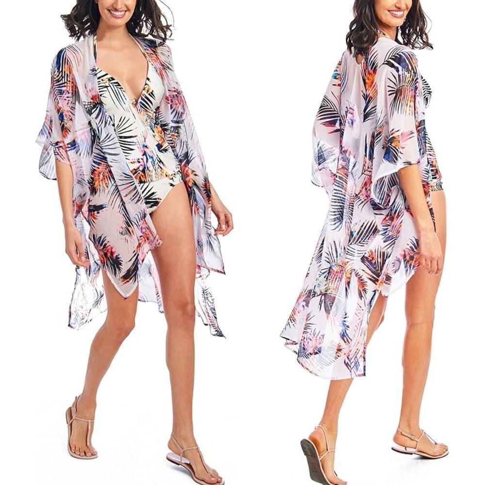 Rachel Roy Mystic Palm High-Low Open Front Soft Airy CoverUp, Sz Medium